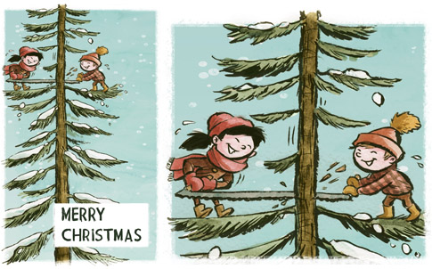 Mike Deas illustrated Christmas card of kids chopping down Christmas tree.